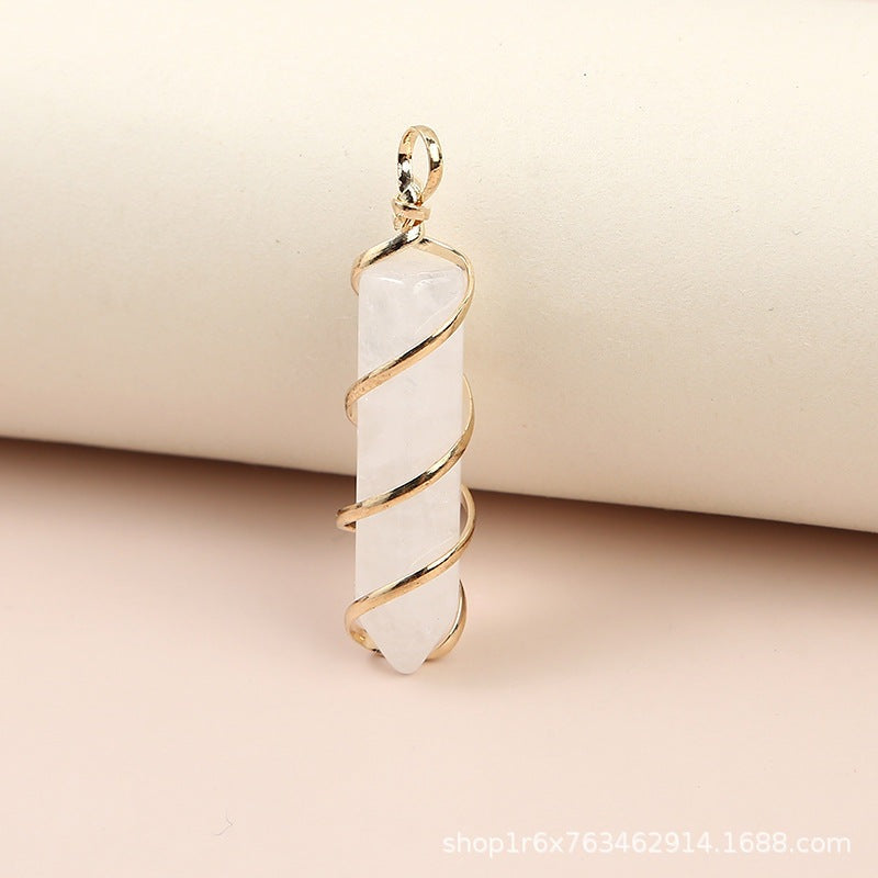 Charm Hexagonal Column Quartz Necklace Pendant Natural Stone Healing Point Bullet Crystal Gold Silver Wire Wrapped