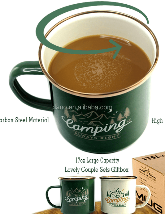 Enamel Camping Mugs 17 oz Drinking Glass with handle Cream White & Forest Green Mug for Tea, Coffee, Cocoa