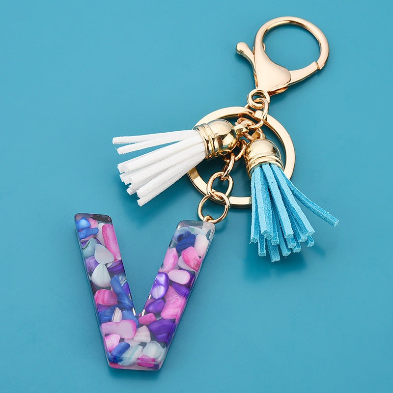 Fashion Boho Alphabet A to Z Letters Tassel Gold Plated Resin Initial keychain