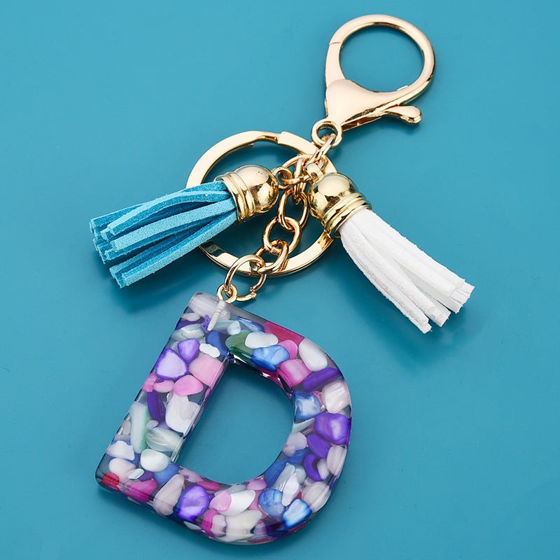 Fashion Boho Alphabet A to Z Letters Tassel Gold Plated Resin Initial keychain