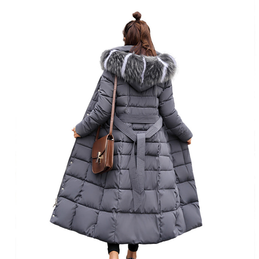 OOTN women's thick coat long dress new winter coat women's warm fashion bow belt fox fur collar coat