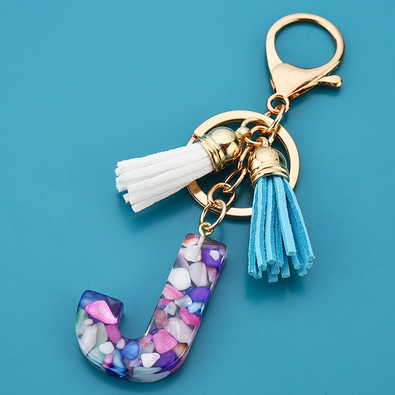 Fashion Boho Alphabet A to Z Letters Tassel Gold Plated Resin Initial keychain