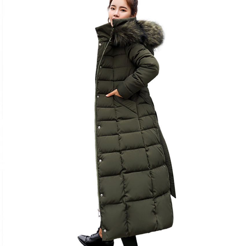 OOTN women's thick coat long dress new winter coat women's warm fashion bow belt fox fur collar coat