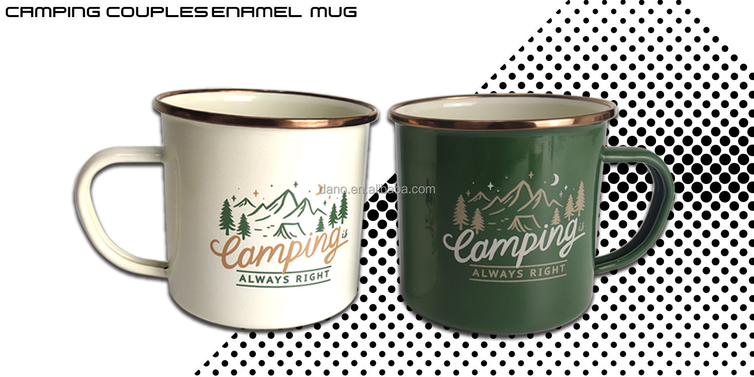 Enamel Camping Mugs 17 oz Drinking Glass with handle Cream White & Forest Green Mug for Tea, Coffee, Cocoa