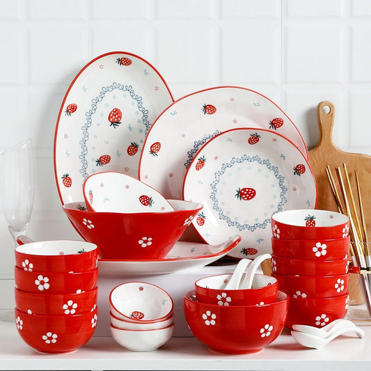 High Quality Home Goods Dinnerware Red Porcelain Soup Bowl Ceramic Pasta Plate 24pcs Ceramic Dinner Set With Strawberry Pattern, Coffee & Tea set, kitchenware, dishes,