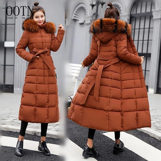 OOTN women's thick coat long dress new winter coat women's warm fashion bow belt fox fur collar coat