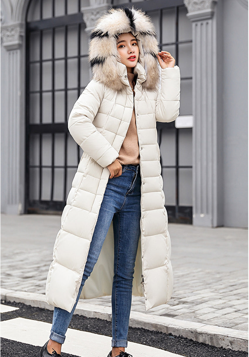 OOTN women's thick coat long dress new winter coat women's warm fashion bow belt fox fur collar coat