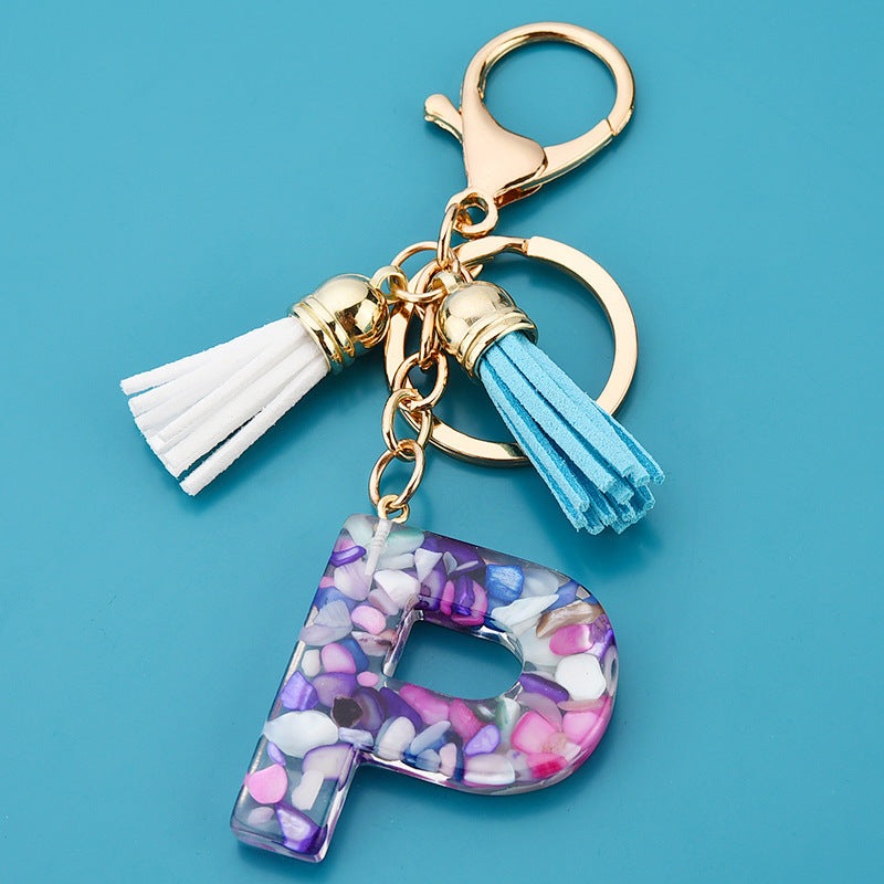 Fashion Boho Alphabet A to Z Letters Tassel Gold Plated Resin Initial keychain