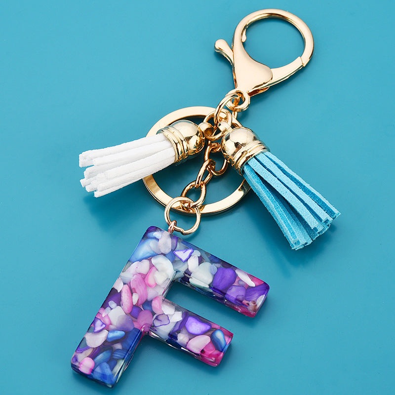 Fashion Boho Alphabet A to Z Letters Tassel Gold Plated Resin Initial keychain