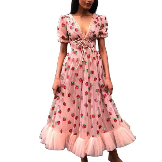 Rachy Sparkle's Pink or Black Strawberry Dress, Spring New arrival, summer, bubble sleeve, embroidered ruffles, sweet style, casual, oversize women dress