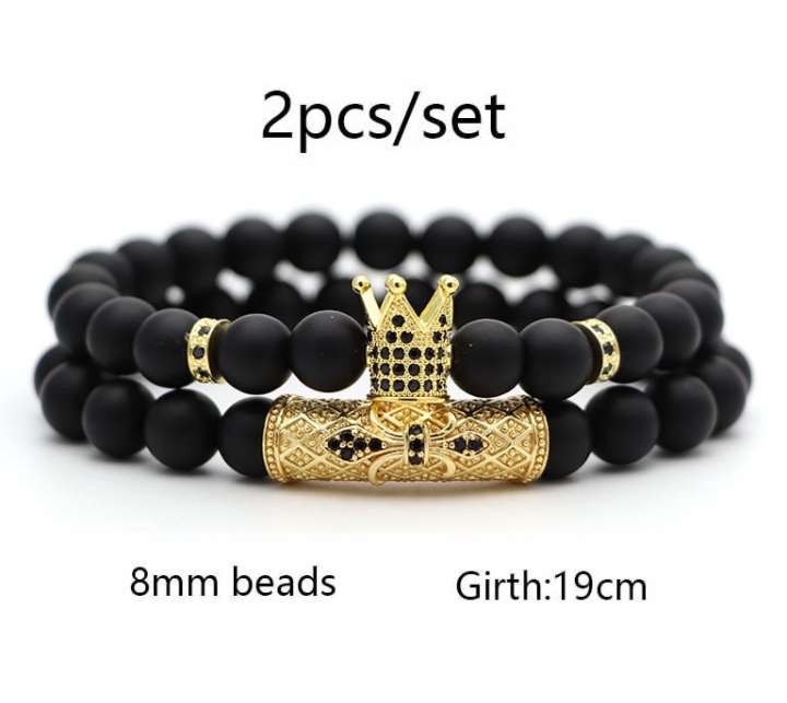 Classic Black Beads 2pc/Set Natural Glass Stone Bracelet Men Pave CZ 8mm Disco Ball Charms Bracelets Women Gold Jewelry