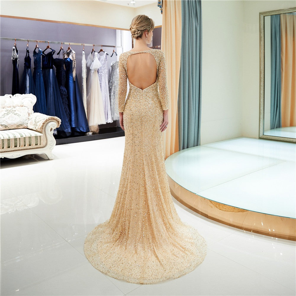 2023, elegant, formal, floor length, party, evening dress, sequin, long sleeves, evening gown, champagne, mermaid bead dress