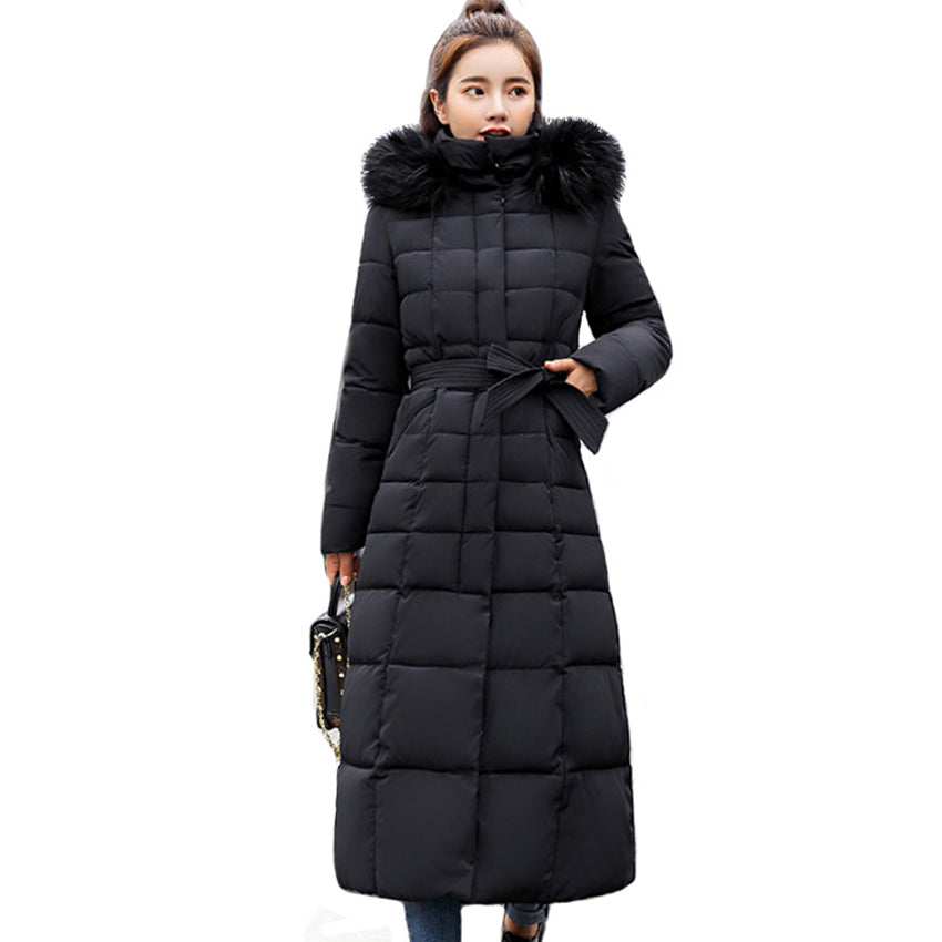 OOTN women's thick coat long dress new winter coat women's warm fashion bow belt fox fur collar coat