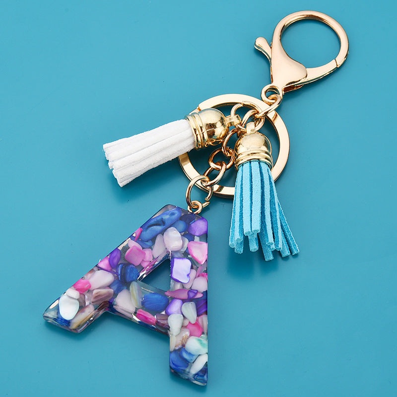 Fashion Boho Alphabet A to Z Letters Tassel Gold Plated Resin Initial keychain