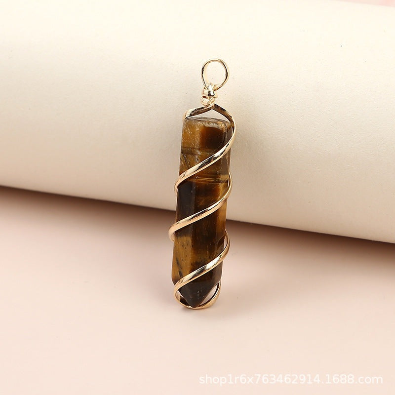 Charm Hexagonal Column Quartz Necklace Pendant Natural Stone Healing Point Bullet Crystal Gold Silver Wire Wrapped