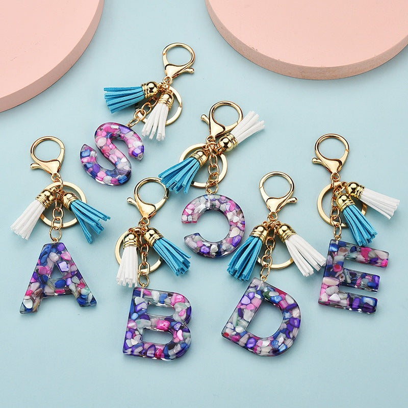 Fashion Boho Alphabet A to Z Letters Tassel Gold Plated Resin Initial keychain