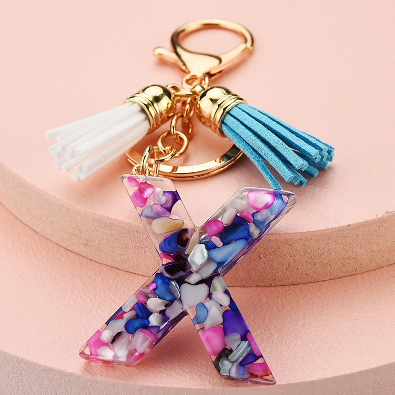 Fashion Boho Alphabet A to Z Letters Tassel Gold Plated Resin Initial keychain