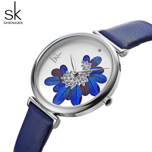 SHENGKEG Sapphire Women Watch K0123L Lady Elegant Leather Wristwatch Minority Peacock Wings Design Dial Watches