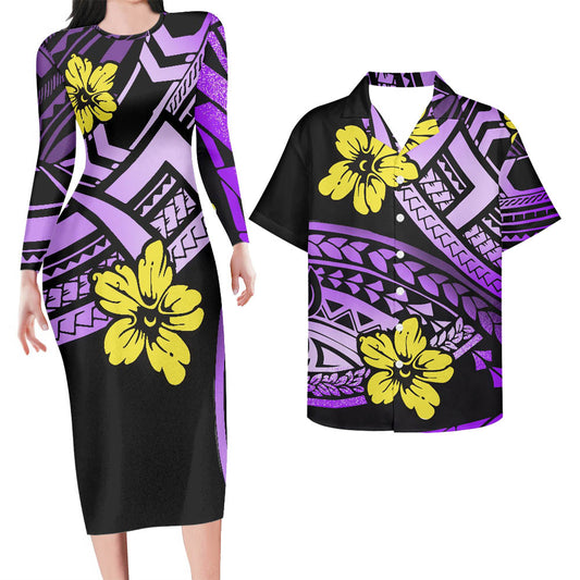 50 different color variations, Purple & Black, Yellow Hibiscus Print, in small, medium & large, Hawaii, Spring, Casual Dress, Women Clothing, Women Dress, Long Sleeve, Custom Couple Clothes, Men's matching shirt