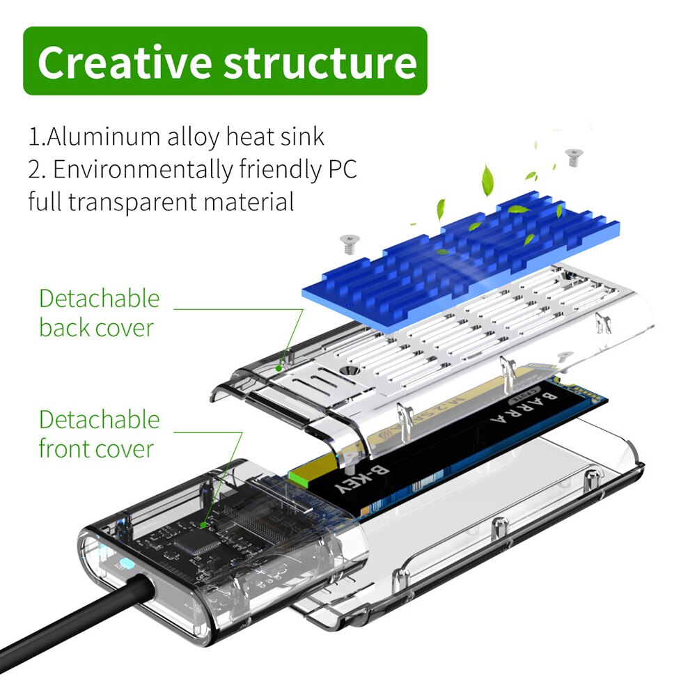 M2 SSD Box SATA Chassis M.2 To USB3.1 Type-C SSD Adapter For PCIE NGFF SATA M/B Key SSD Enclosure Transparent Hard Disk Case