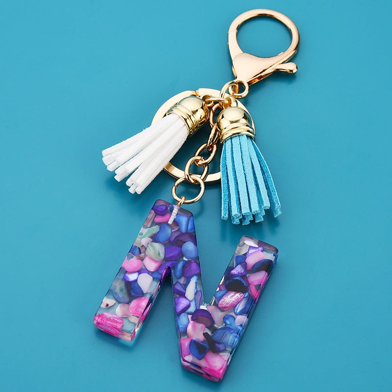 Fashion Boho Alphabet A to Z Letters Tassel Gold Plated Resin Initial keychain