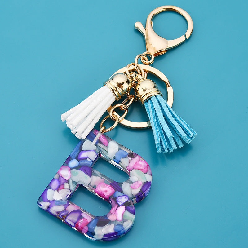 Fashion Boho Alphabet A to Z Letters Tassel Gold Plated Resin Initial keychain