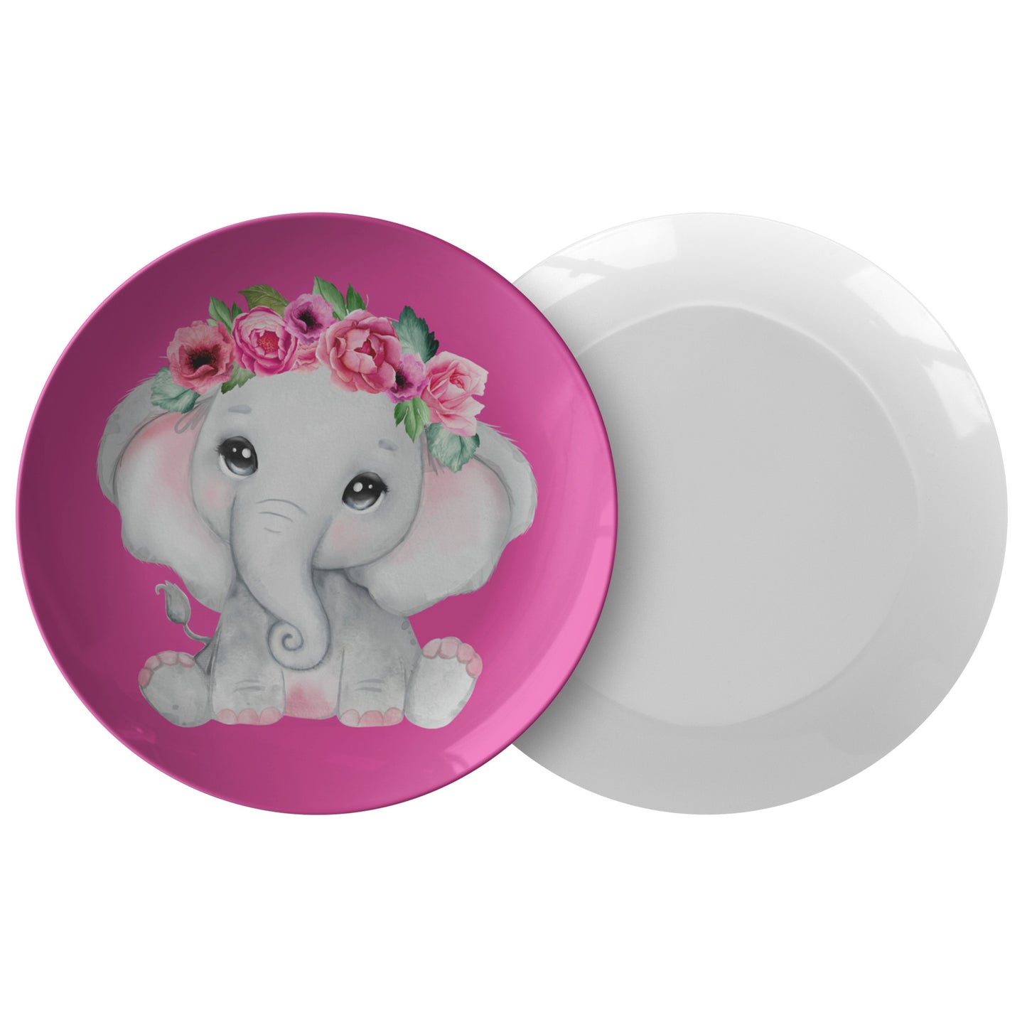Hot Pink Plate Cute Grey Baby Girl elephant With Flowers, Roses, Pink Watercolor Floral Cartoon Design, Nursery
