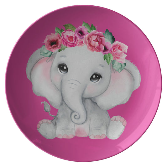 Hot Pink Plate Cute Grey Baby Girl elephant With Flowers, Roses, Pink Watercolor Floral Cartoon Design, Nursery