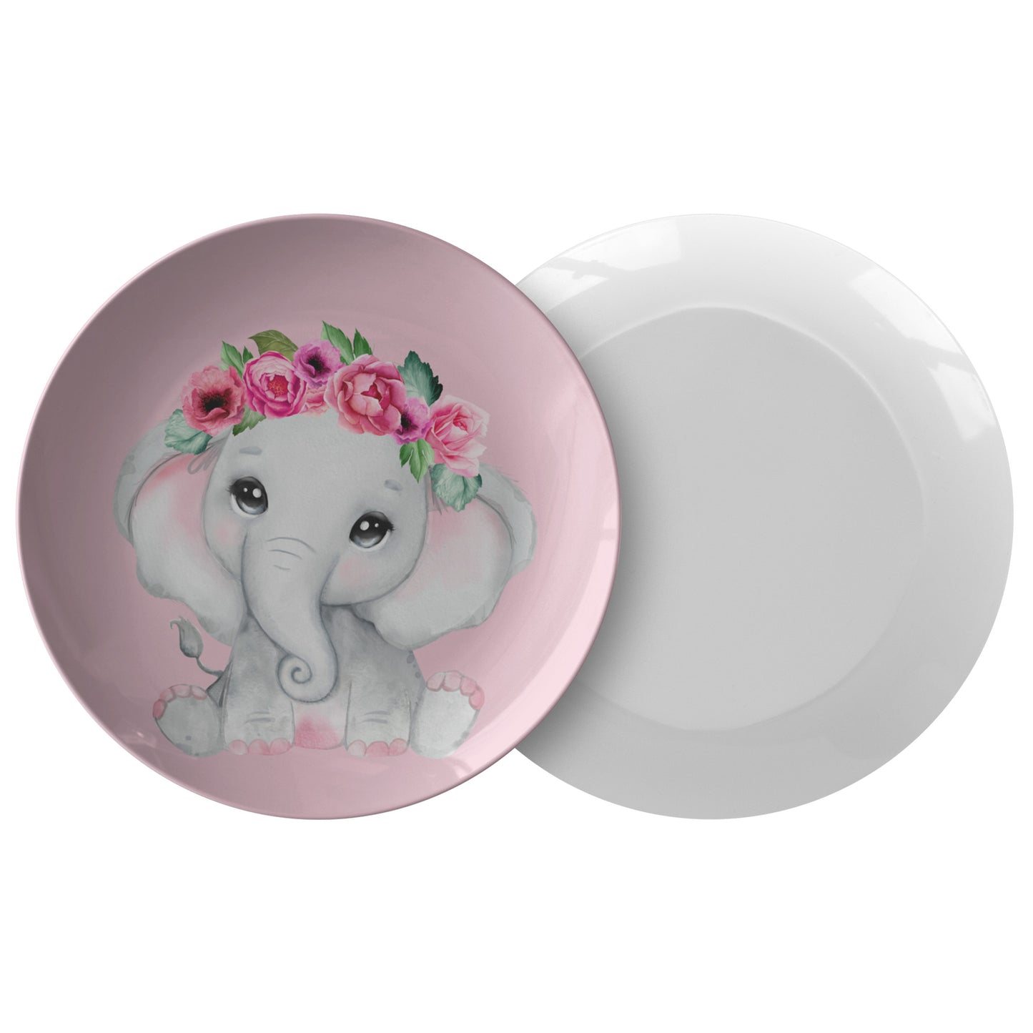 Light Pink Plate With Cute Grey Baby Girl elephant With Flowers, Roses, Pink Watercolor Floral Cartoon Design, Nursery