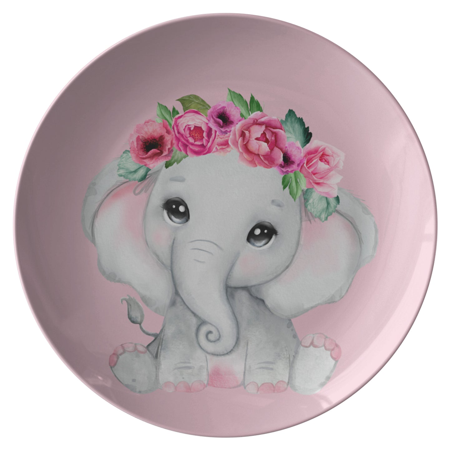 Light Pink Plate With Cute Grey Baby Girl elephant With Flowers, Roses, Pink Watercolor Floral Cartoon Design, Nursery