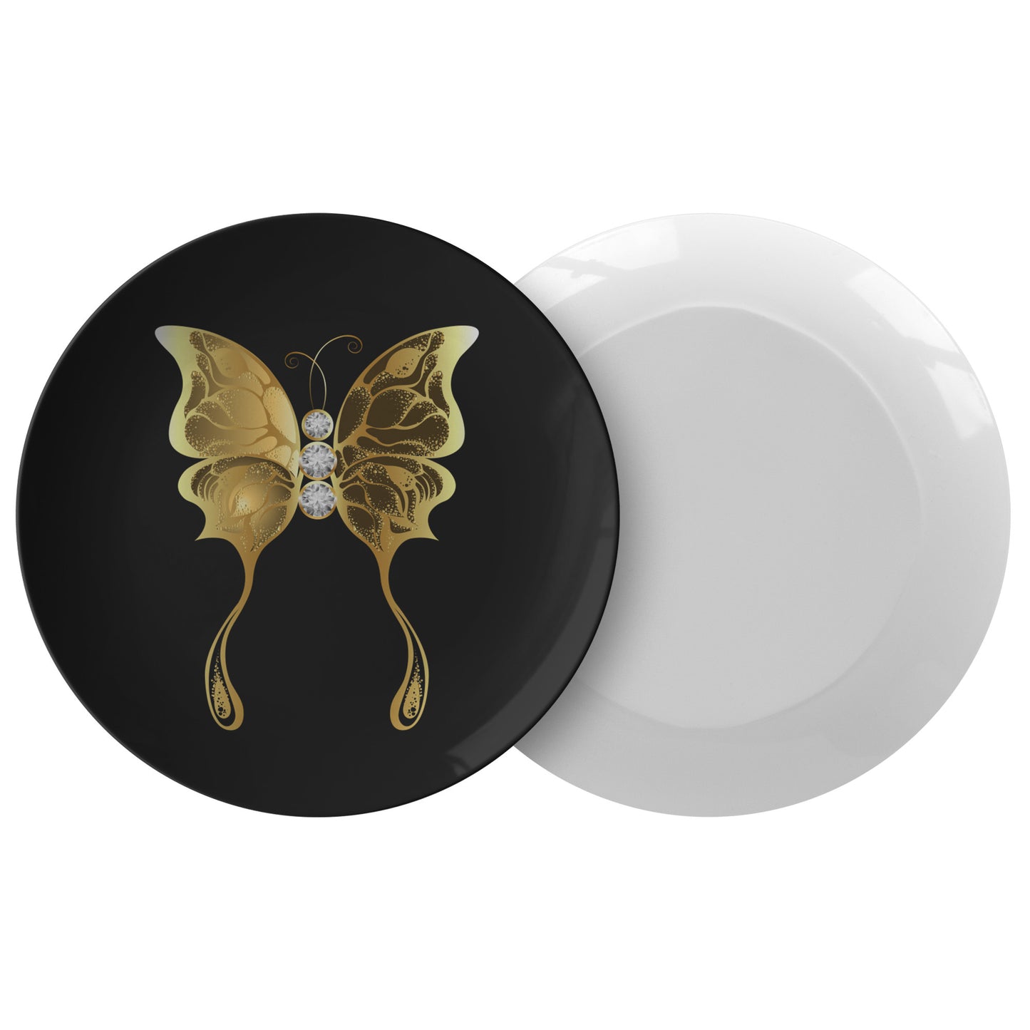 Luxurious, Elegant and Sophisticated Black Dinner Plate, featuring a stunning gold butterfly design with rhinestones.