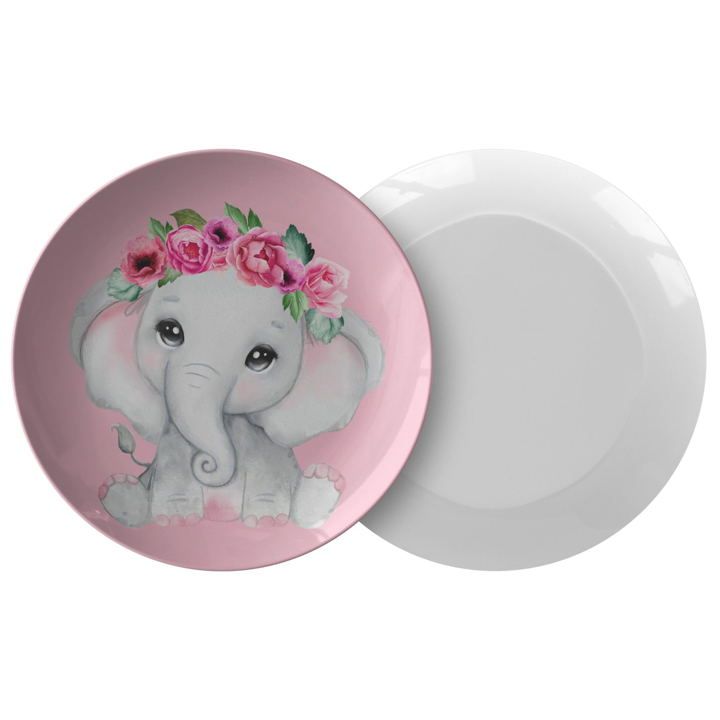 Pink Plate With a Cute Grey Baby Girl elephant With Flowers, Roses, Pink Watercolor Floral Cartoon Design, Nursery