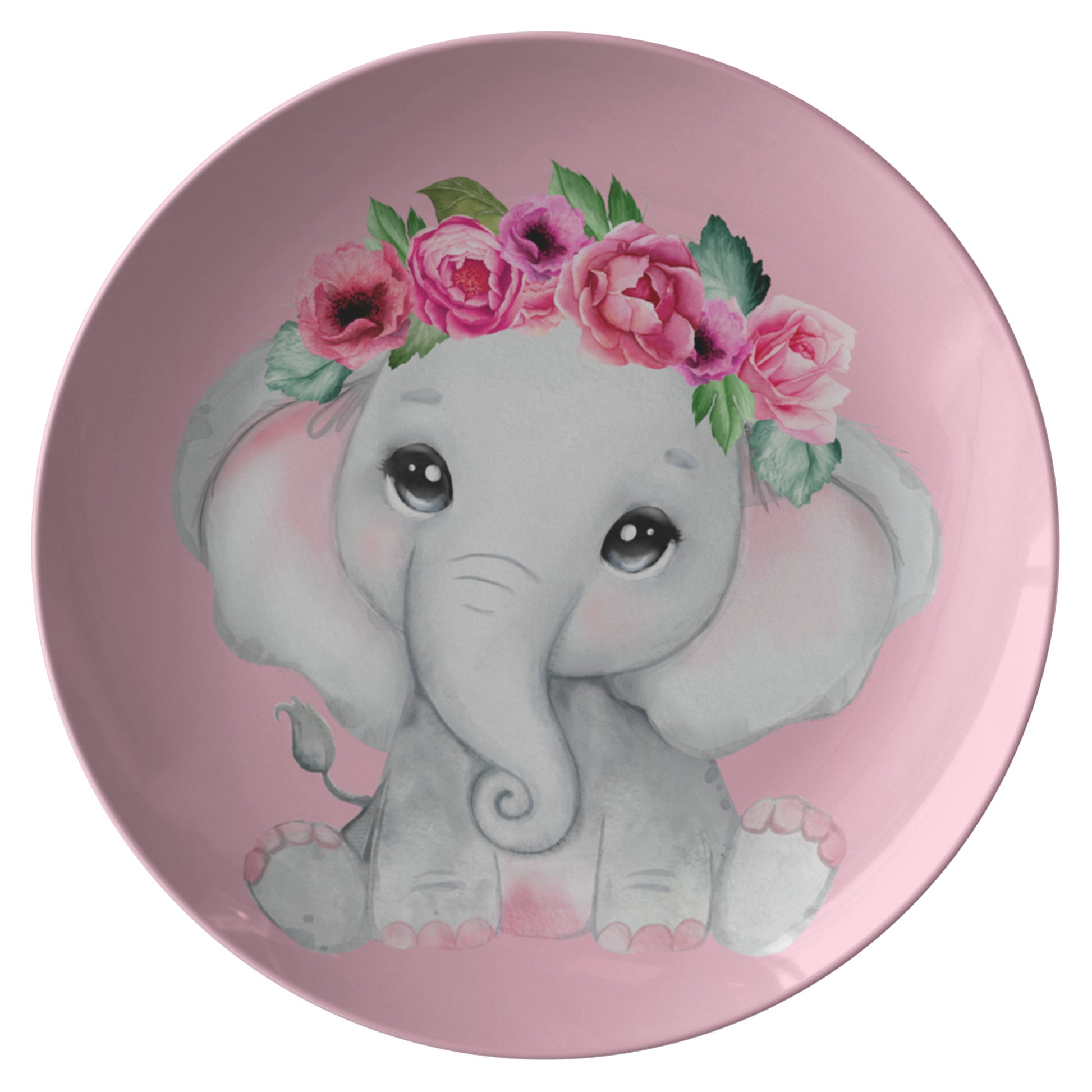 Pink Plate With a Cute Grey Baby Girl elephant With Flowers, Roses, Pink Watercolor Floral Cartoon Design, Nursery