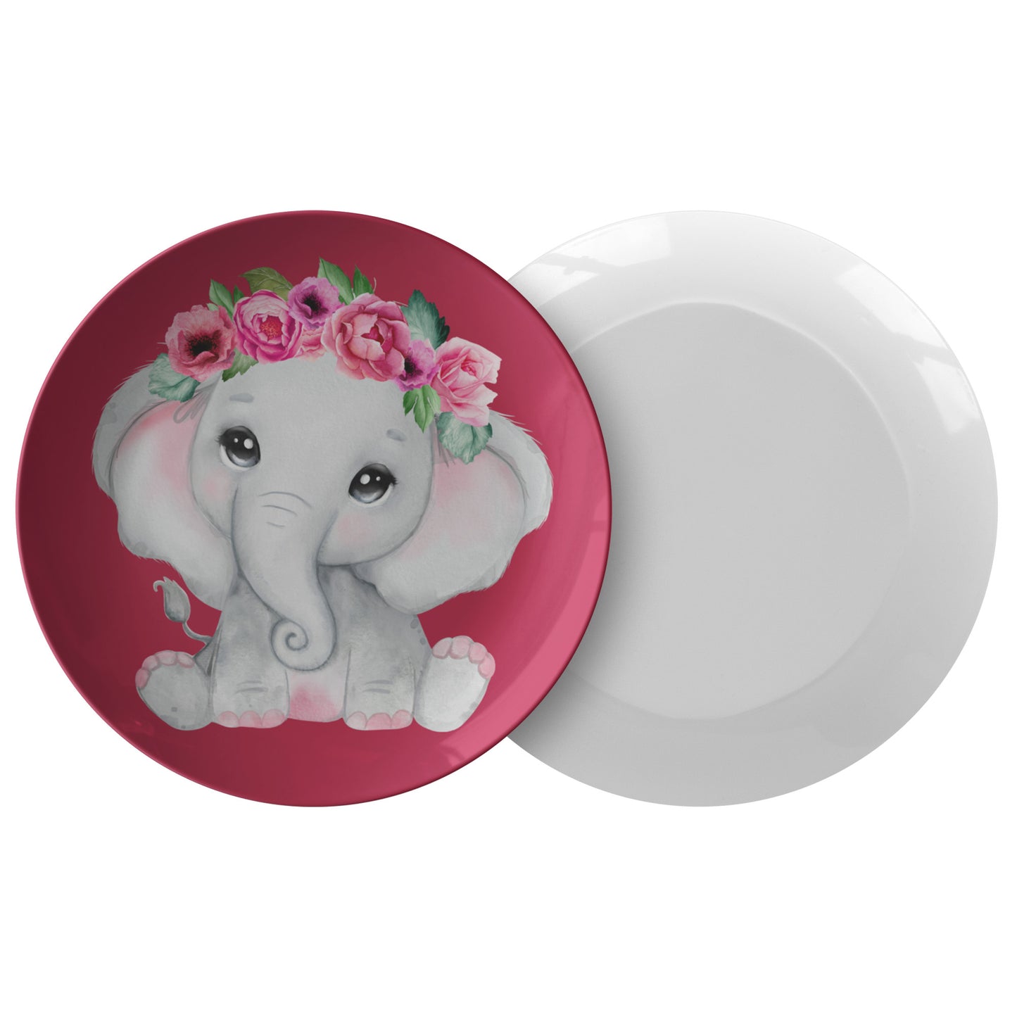 Red Plate, Girl Elephant With Pink Watercolor Flowers
