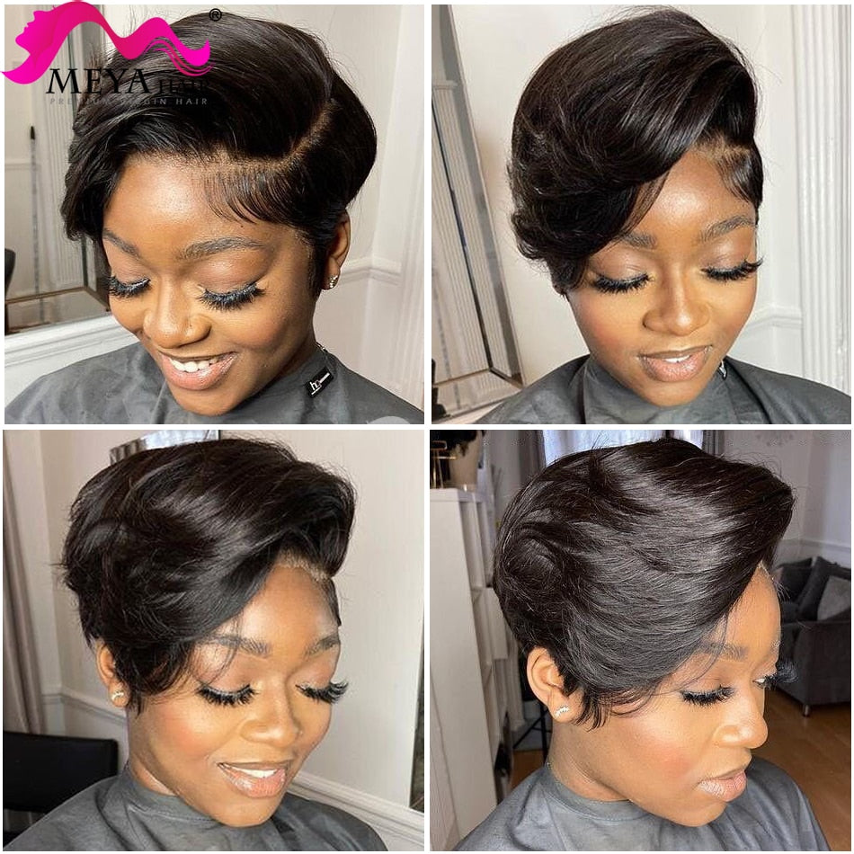 Straight Pixie Cut Human Hair Wig T-Part Glueless Transparent Lace Frontal Short Bob Natural Brazilian Female Wigs On Promotion