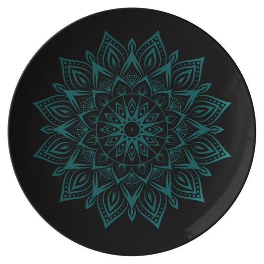 Teal Mandala on Black Dinner Plate