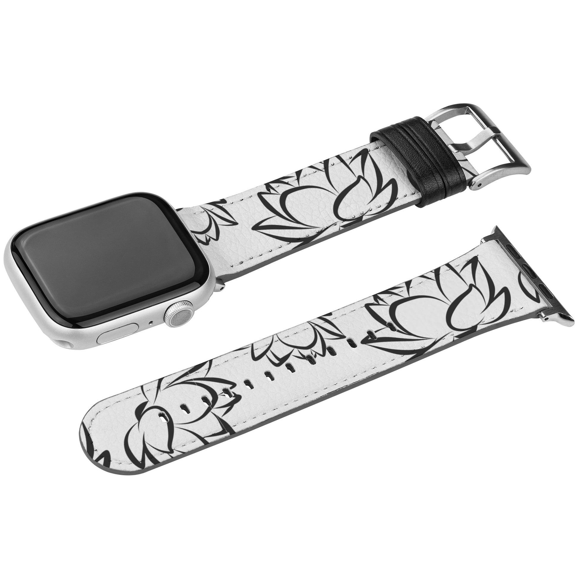 White Apple Watch Band with Black Flowers By Rachy Sparkle