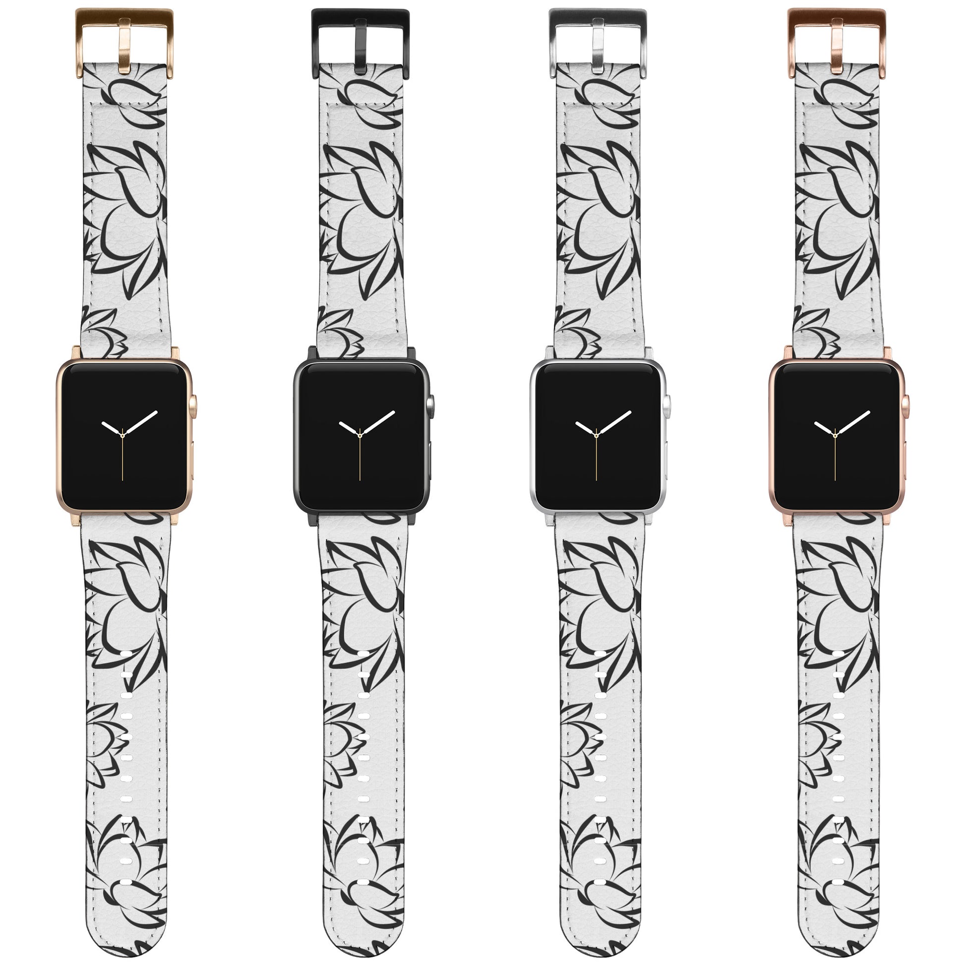 White Apple Watch Band with Black Flowers By Rachy Sparkle
