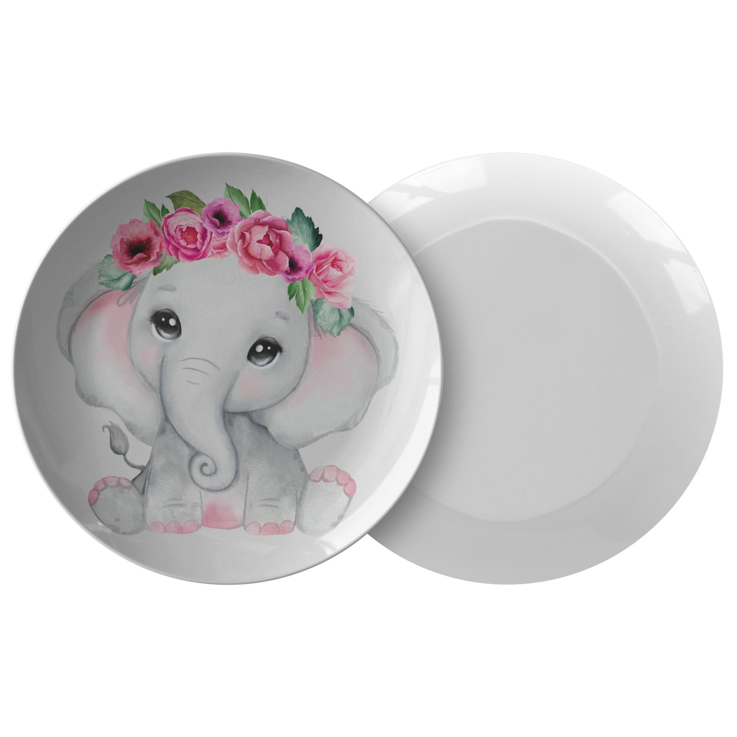 White Plate With Cute Grey Baby Girl elephant With Flowers, Roses, Pink Watercolor Floral Cartoon Design, Nursery
