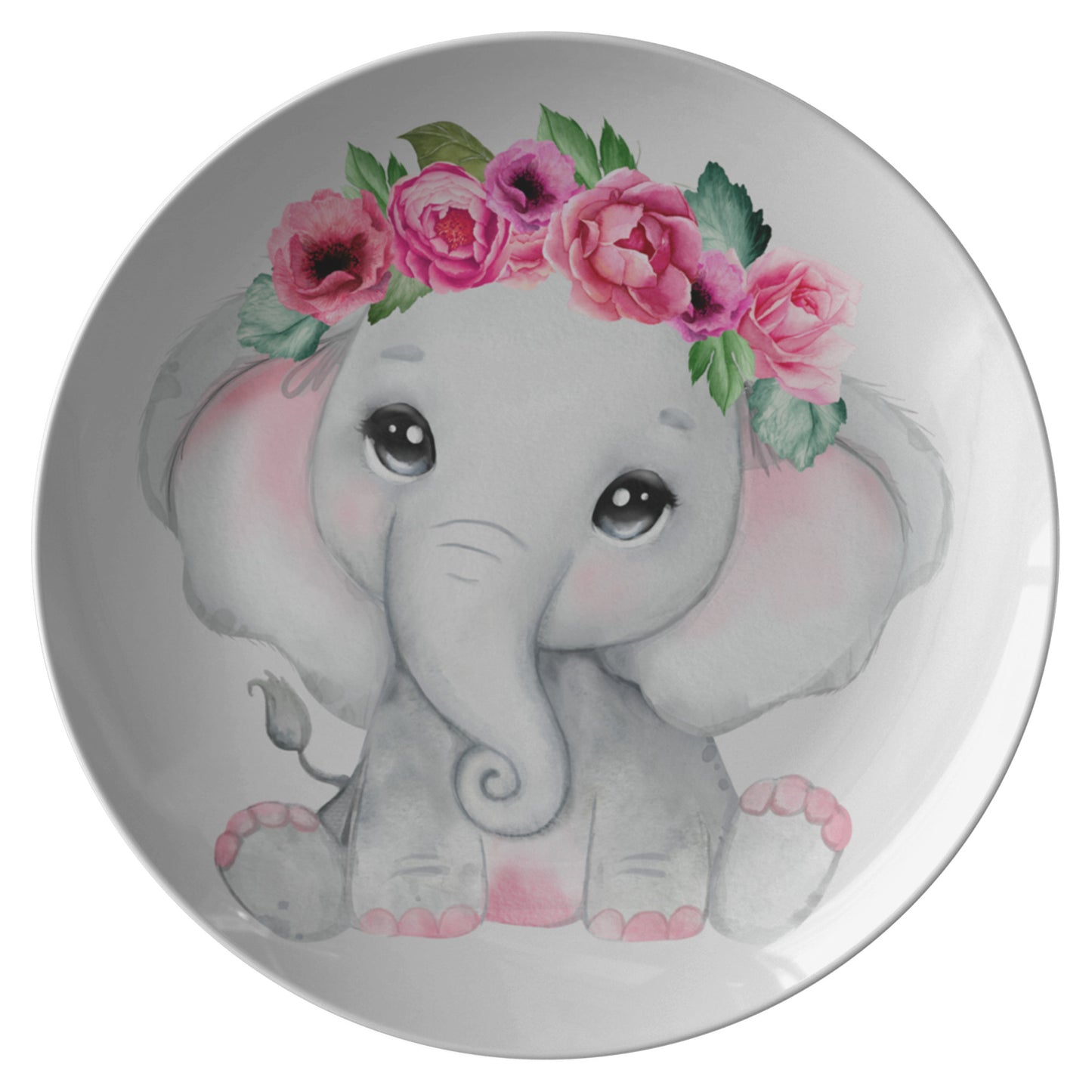 White Plate With Cute Grey Baby Girl elephant With Flowers, Roses, Pink Watercolor Floral Cartoon Design, Nursery