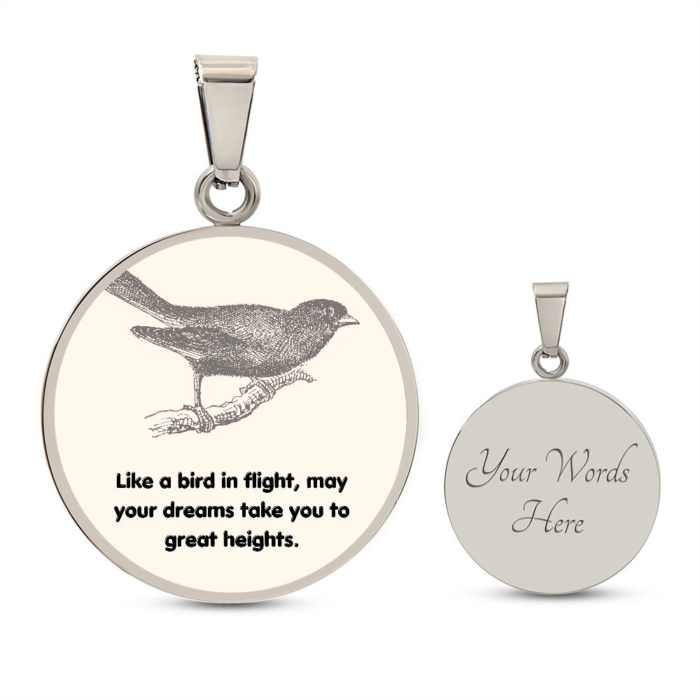 Circle Pendant Necklace by Rachy Sparkle, "Like a bird in flight, may your dreams take you to great heights."