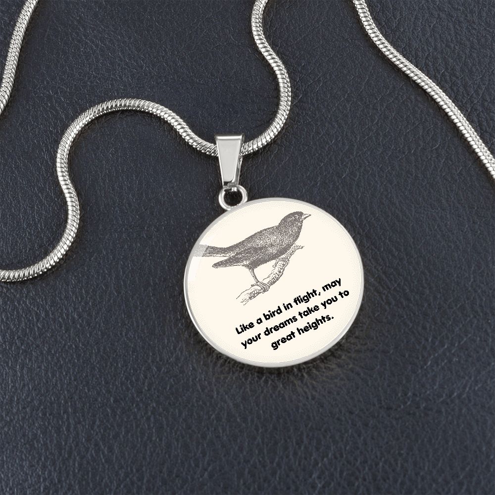 Circle Pendant Necklace by Rachy Sparkle, "Like a bird in flight, may your dreams take you to great heights."