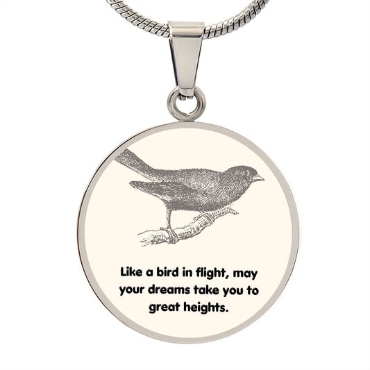 Circle Pendant Necklace by Rachy Sparkle, "Like a bird in flight, may your dreams take you to great heights."