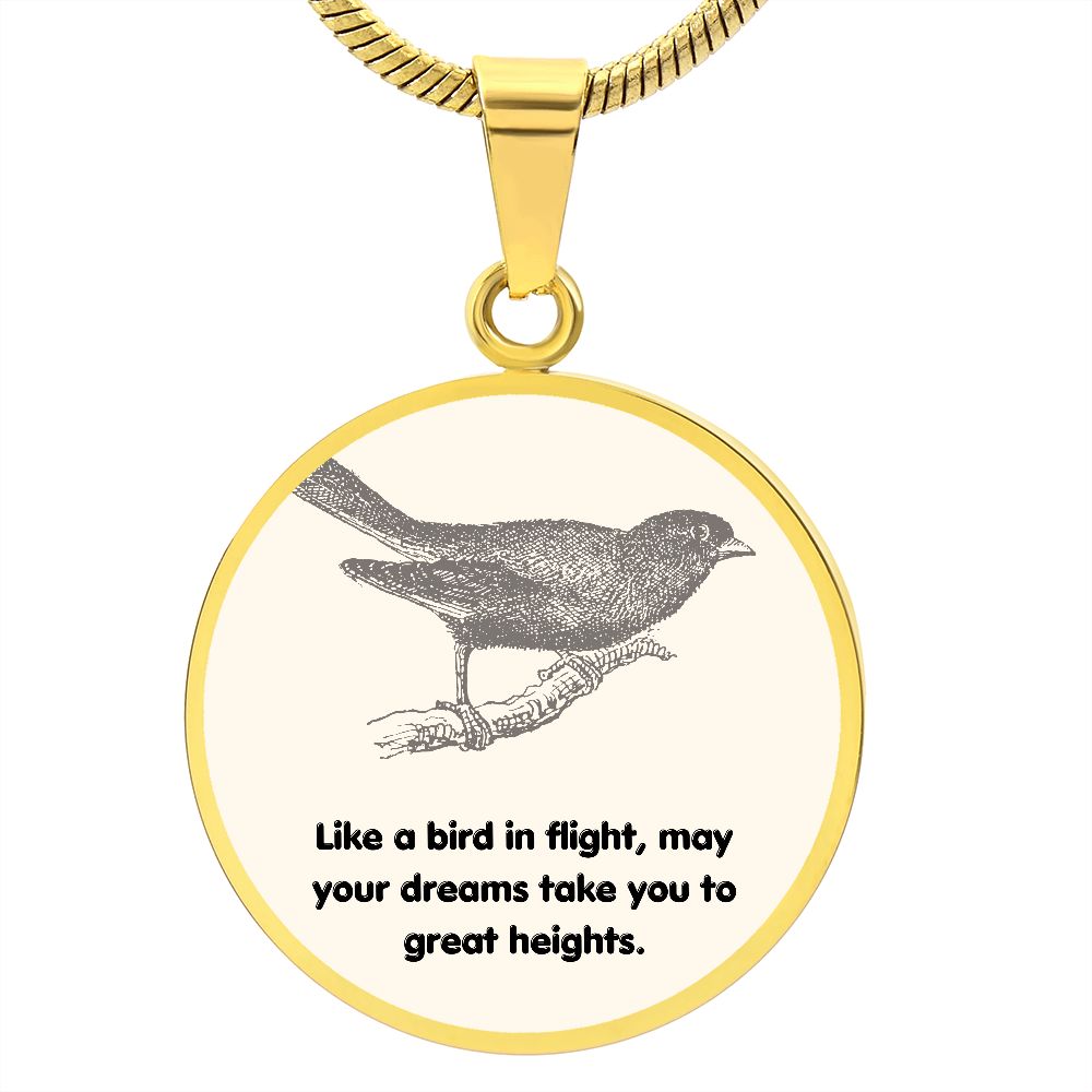 Circle Pendant Necklace by Rachy Sparkle, "Like a bird in flight, may your dreams take you to great heights."
