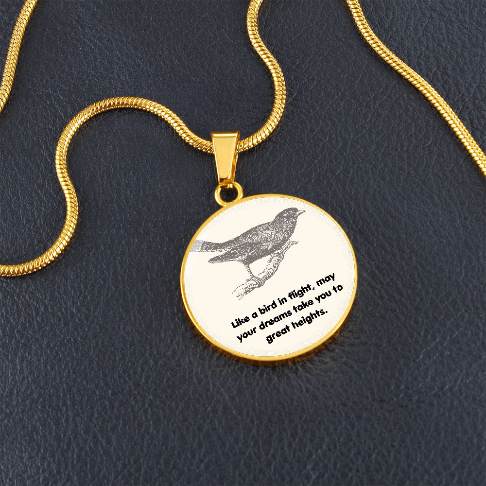 Circle Pendant Necklace by Rachy Sparkle, "Like a bird in flight, may your dreams take you to great heights."