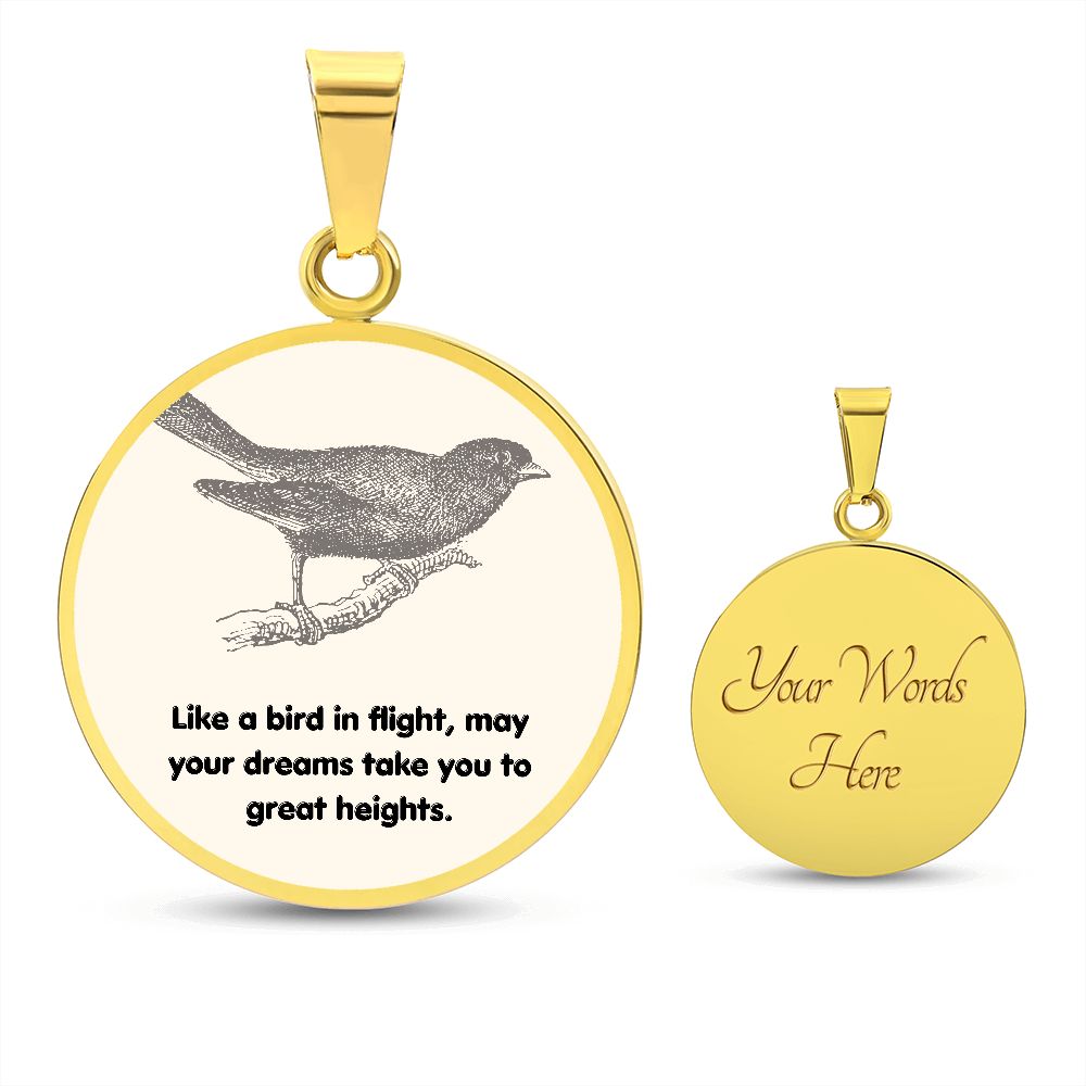Circle Pendant Necklace by Rachy Sparkle, "Like a bird in flight, may your dreams take you to great heights."