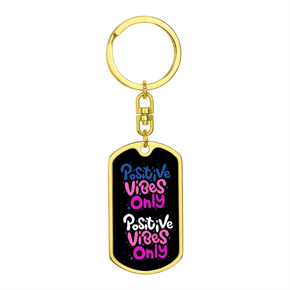 Positive Vibes, Black Graphic Dog Tag Keychain, Pink, Blue, White