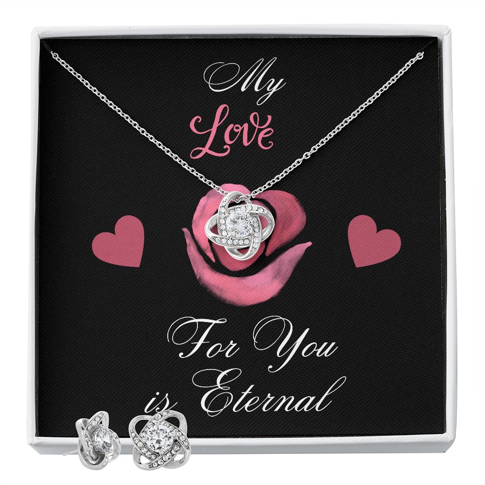 Love Knot Earring and Necklace Set, The enclosed card reads, "My love for you is eternal," making this the perfect gift for that special someone in your life.