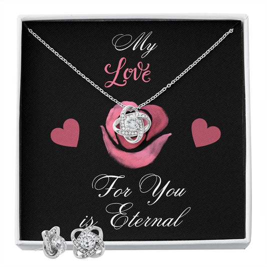 Love Knot Earring and Necklace Set, The enclosed card reads, "My love for you is eternal," making this the perfect gift for that special someone in your life.