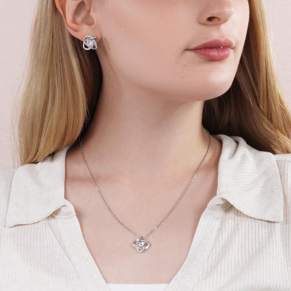Love Knot Earring and Necklace Set, The enclosed card reads, "My love for you is eternal," making this the perfect gift for that special someone in your life.